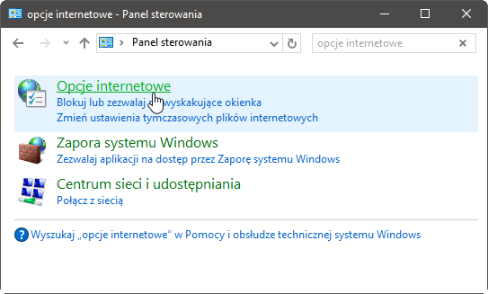 Włączanie opcji internetowych