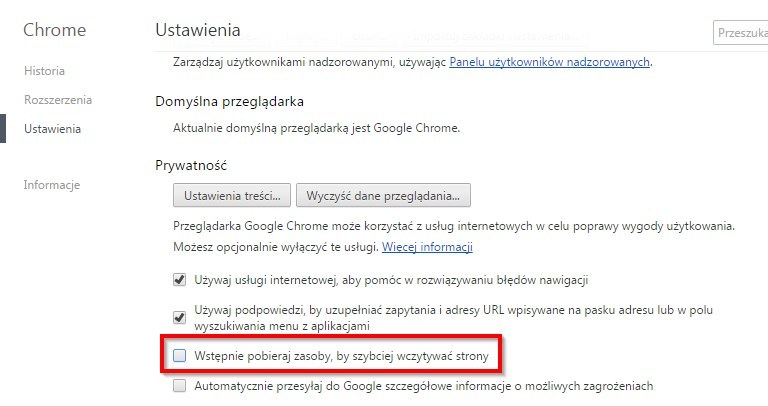 Wyłączenie wstępnego pobierania w Chrome