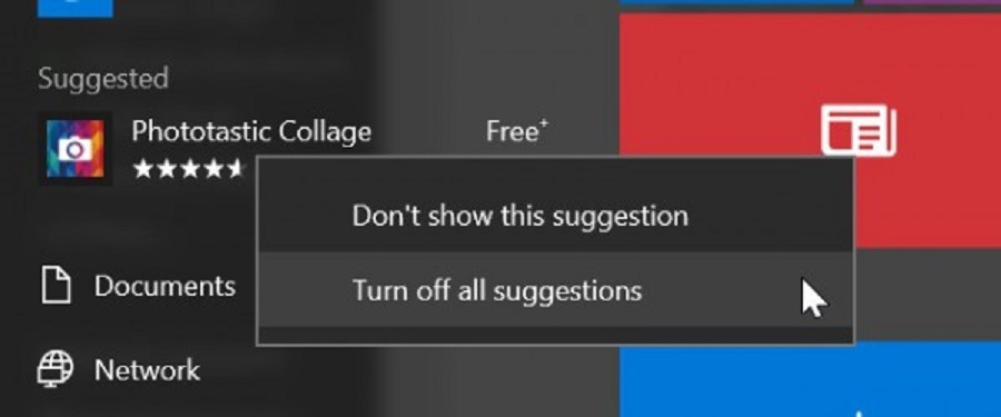 Wyłączanie sugestii aplikacji bezpośrednio w menu Start