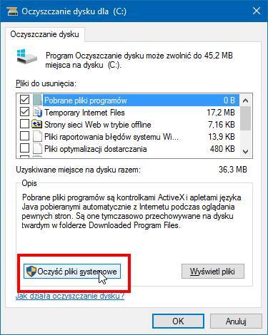 Oczyszczanie dysku C - pokaż pliki systemowe