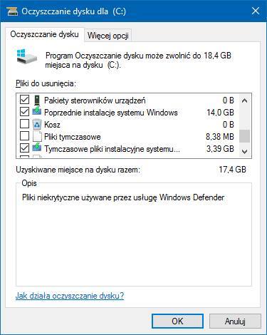 Oczyszczanie plików poprzednich wersji Windows 10