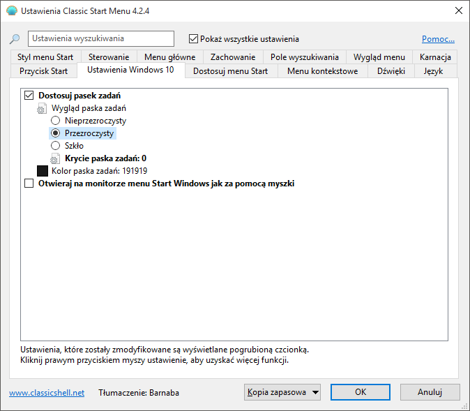 Ustawienia Classic Start Menu