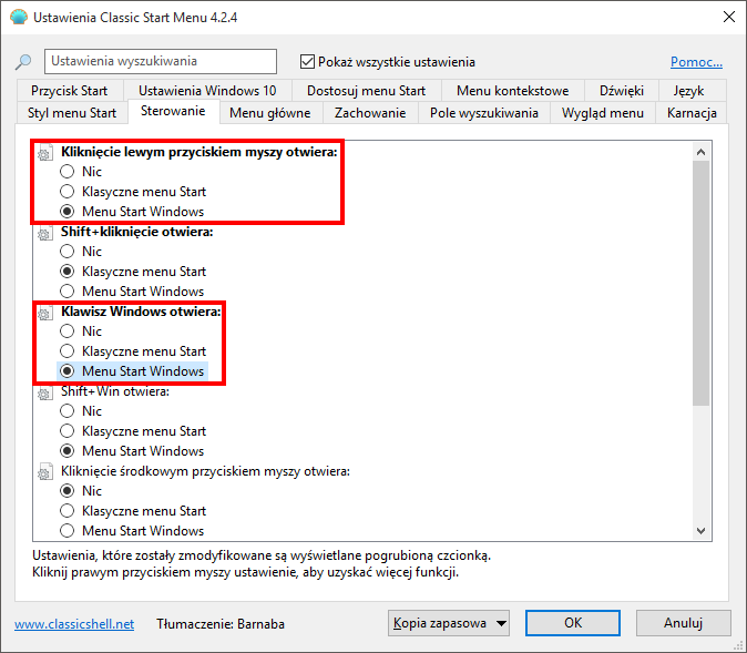 Przywracanie zwykłego menu Start w Classic Shell