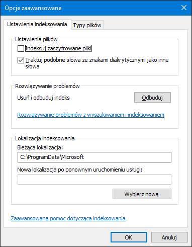 Odbudowa indeksowania w Windows 10