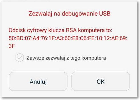 Zezwół na debugowanie USB