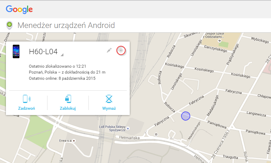 Menedżer urządzeń Android - widok namierzania telefonu