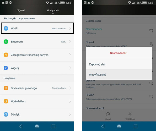 Opcje Wi-Fi - modyfikowanie sieci
