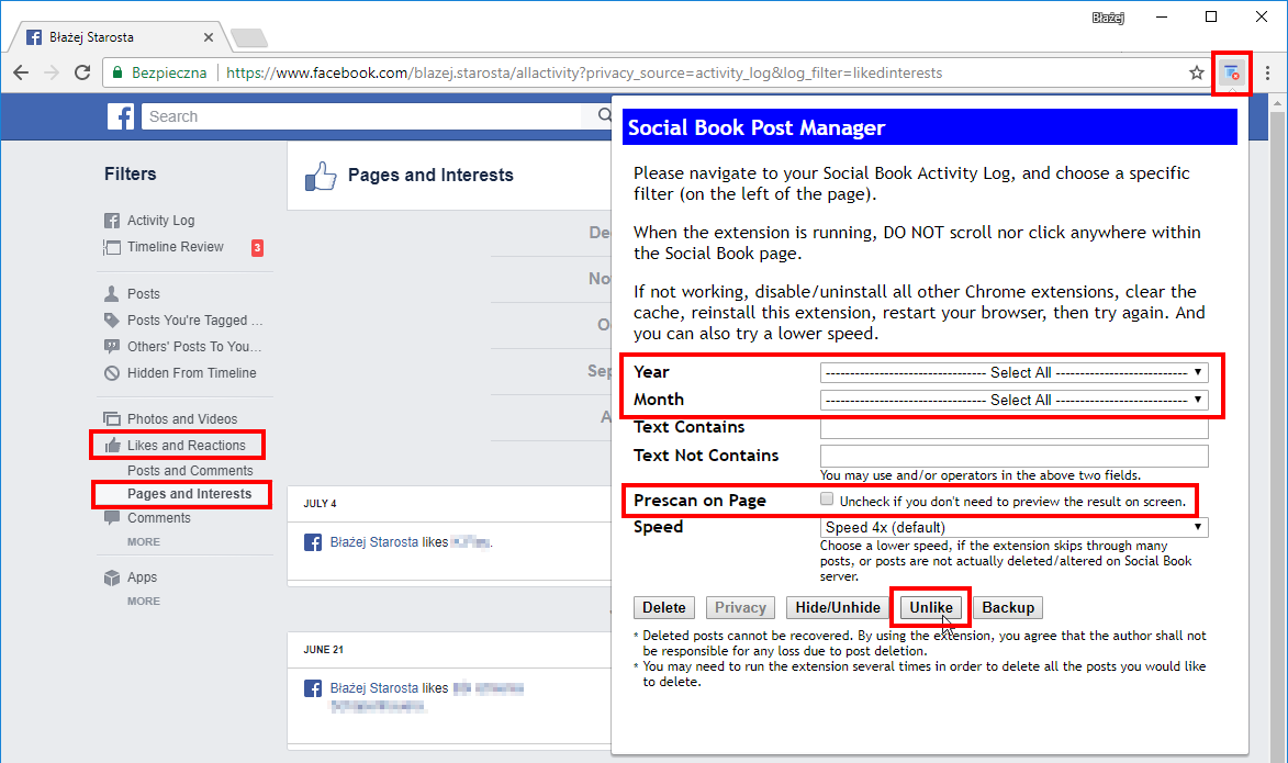 Rozpocznij proces automatycznego usuwania polubień na Facebooku