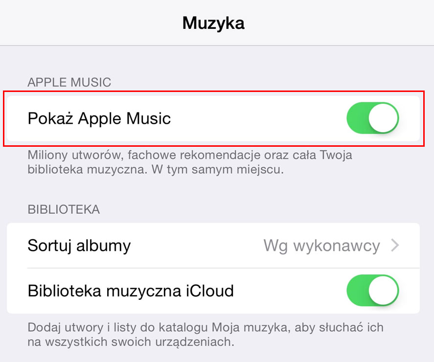 Włączanie / wyłączanie funkcji Apple Music w iPhone