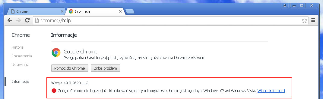 Komunikat o braku aktualizacji w Chrome na XP