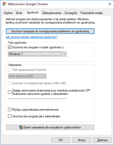 Ustaw tryb zgodności z Windows 7