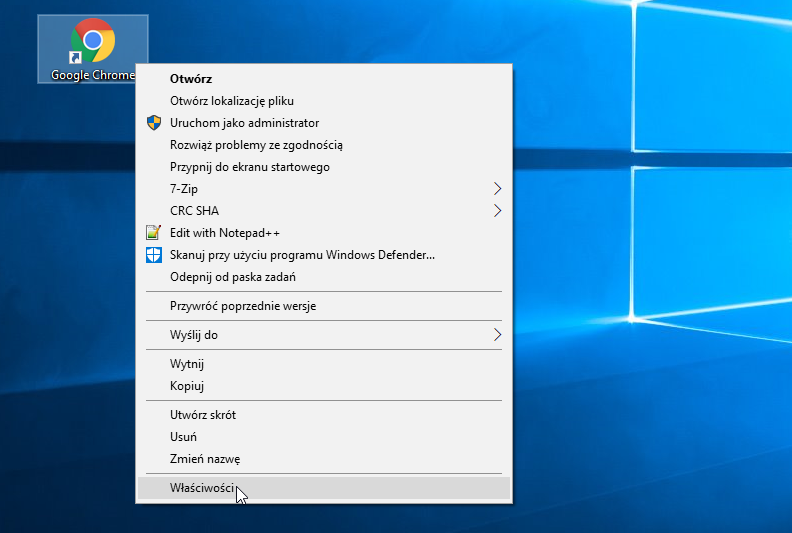 Wejdź do właściwości skrótu Chrome