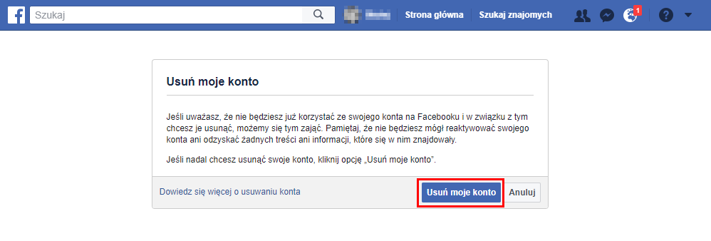 Potwierdź usunięcie konta na Facebooku