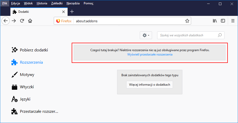 Informacja o starych dodatkach w Firefox 57