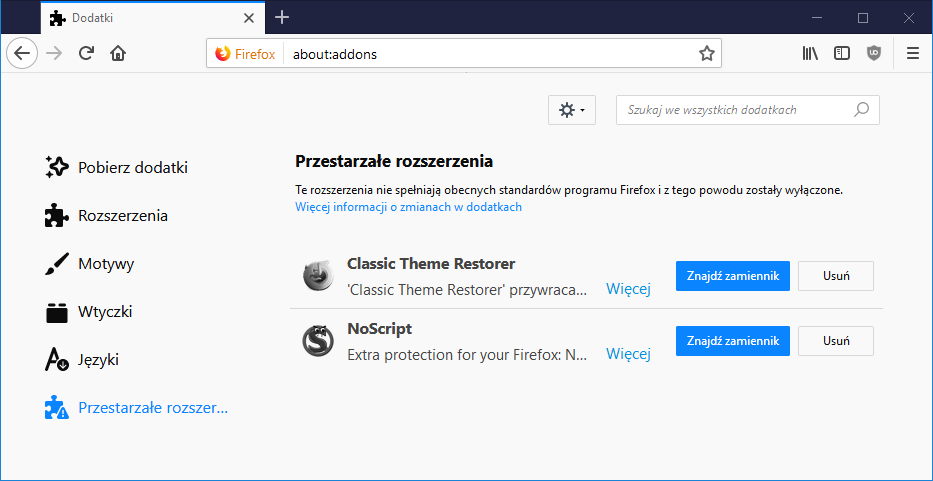 Lista wyłączonych dodatków w Firefox 57