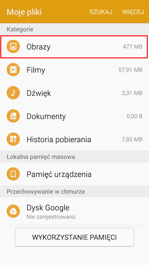 Przejdź do aplikacji Moje Pliki i wybierz Obrazy