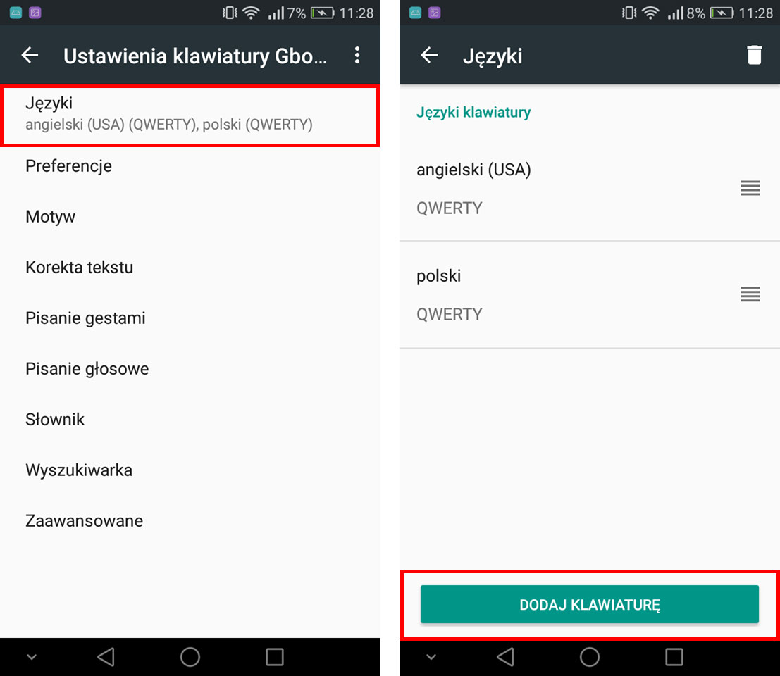 Gboard - dodawanie klawiatury