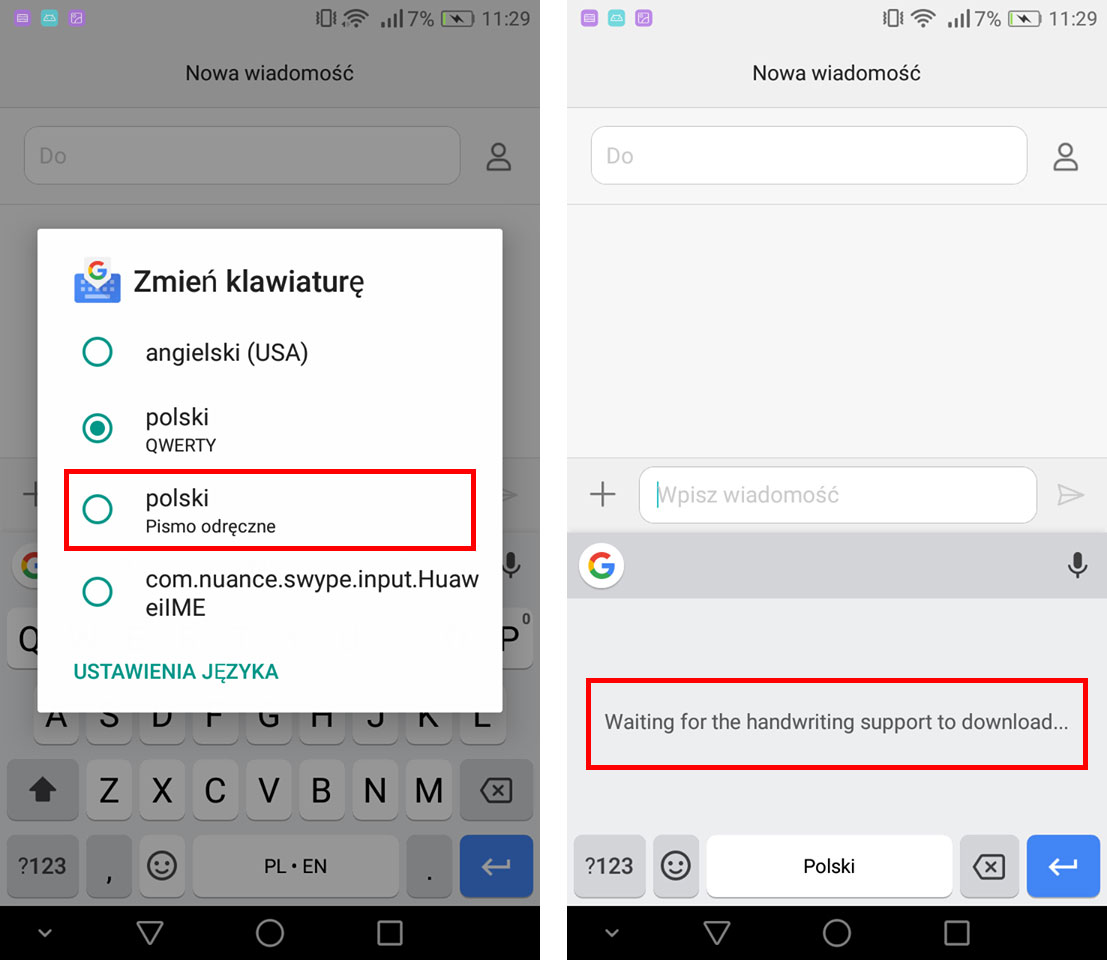 Gboard - przełącz się na tryb odręcznego pisma