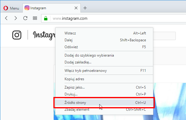 Wyświetl źródło strony Instagram.com