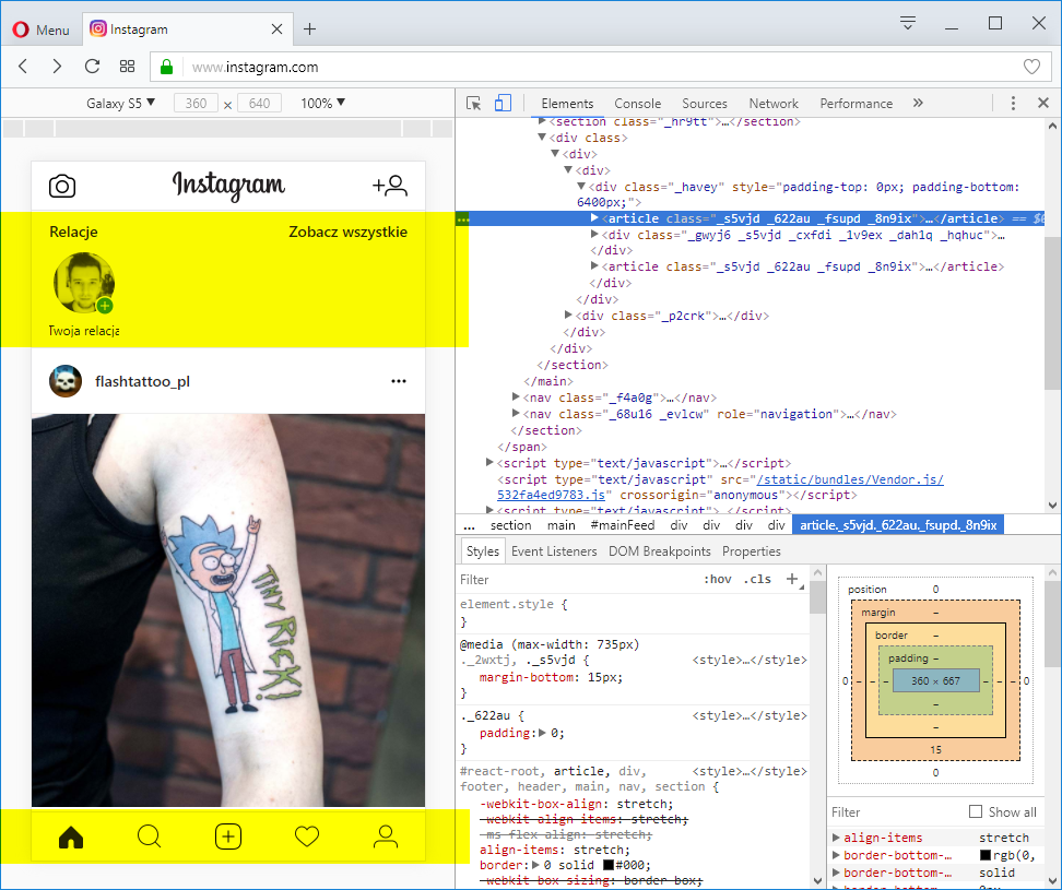Instagram w przeglądarce - menu relacji i pasek narzędzi