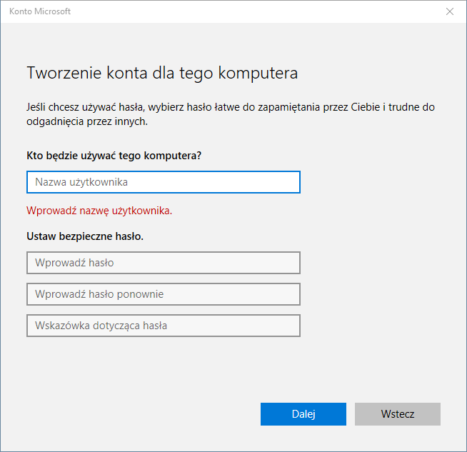 Wprowadź dane do nowego konta użytkownika lokalnego