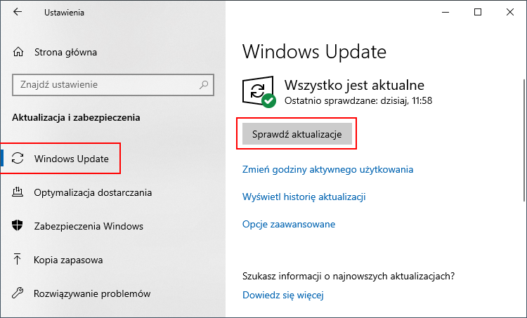 Sprawdź aktualizacje w Windows Update