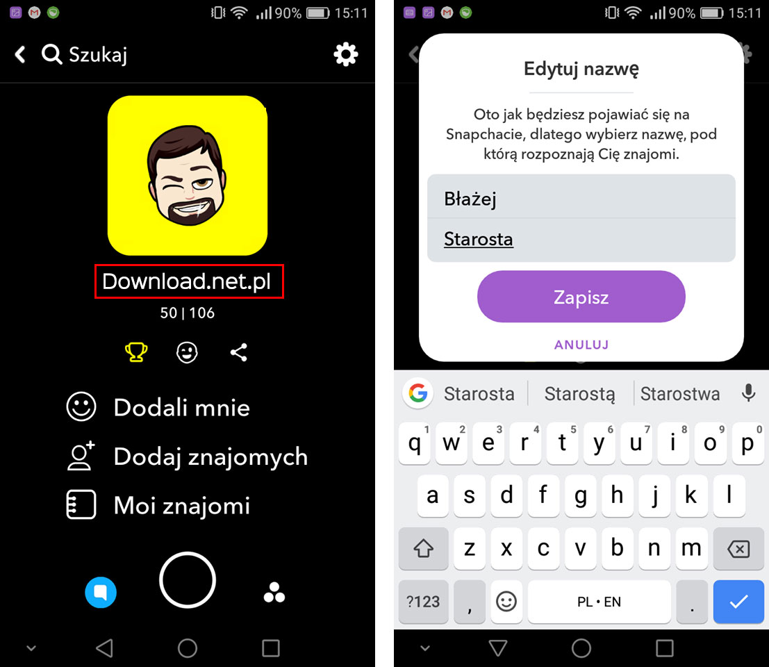 Zmiana nazwy wyświetlanej w Snapchat