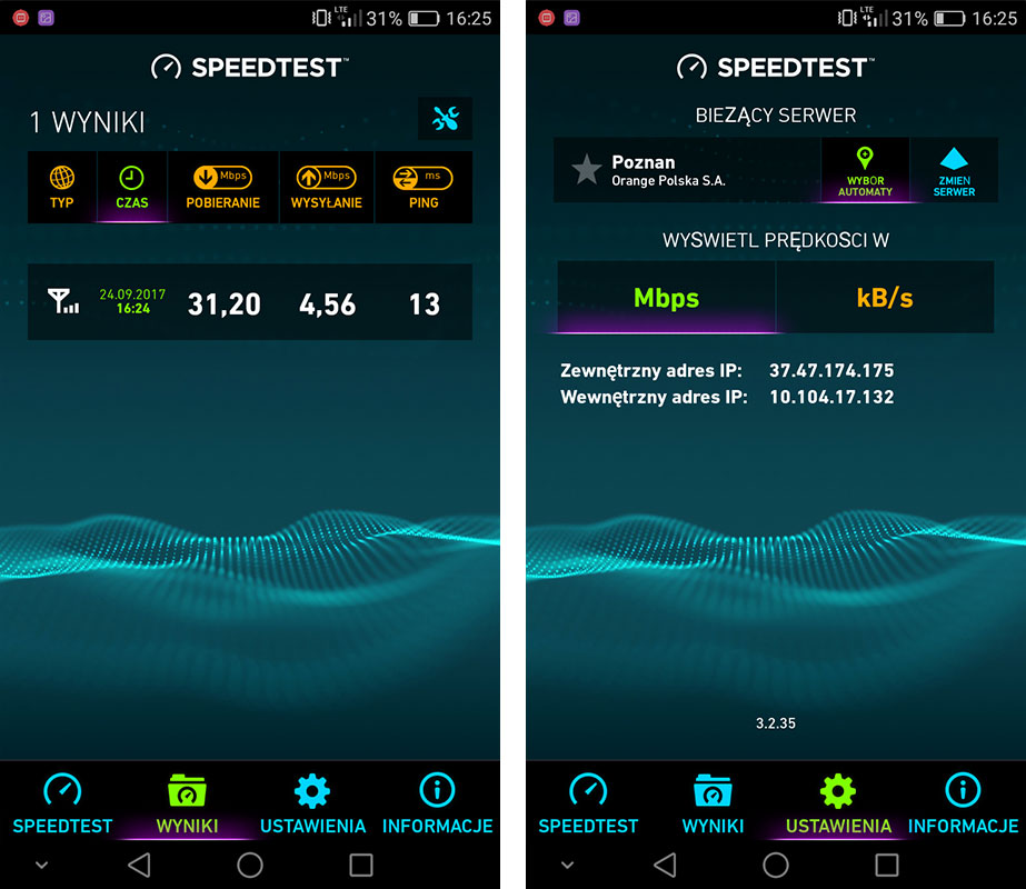 SpeedTest - historia wyników i ustawienia