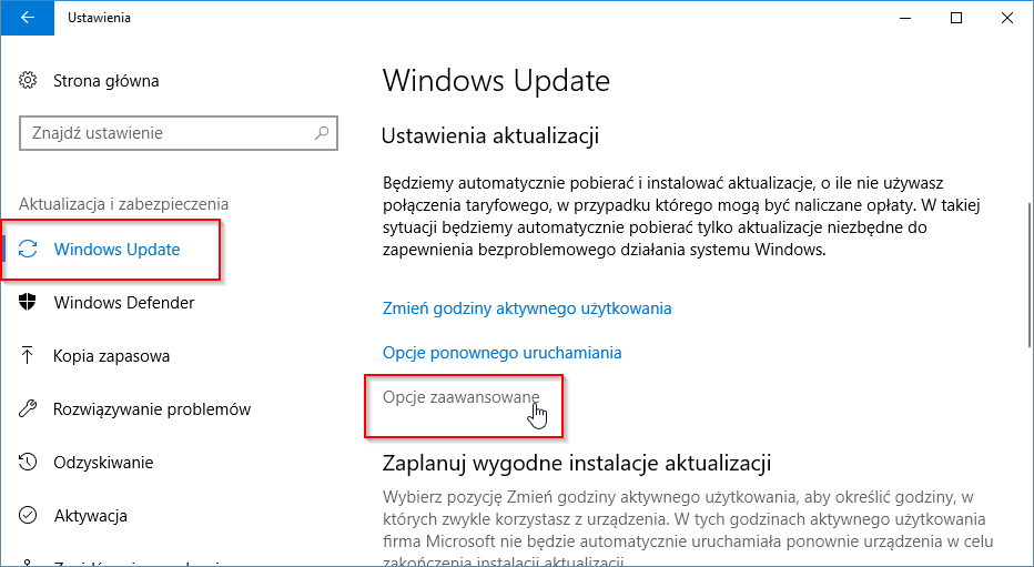 Wejdź do opcji zaawansowanych Windows Update