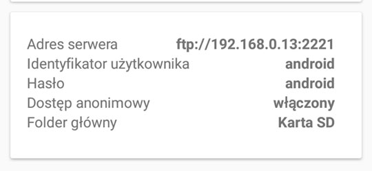 Dane do serwera FTP na Androidzie
