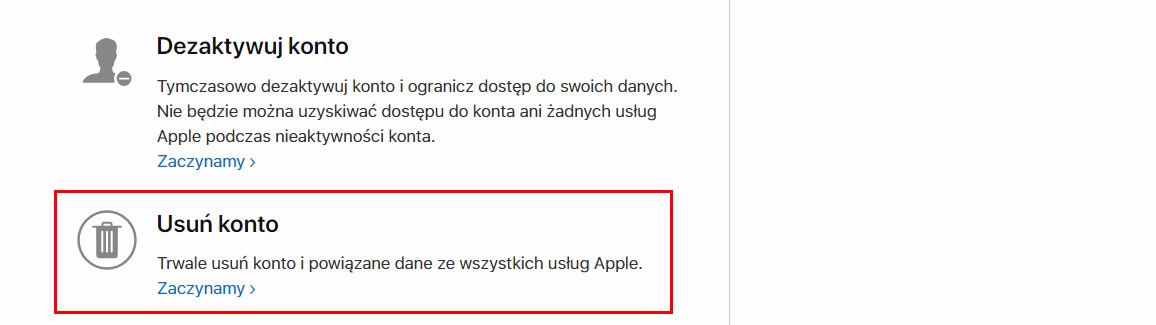 Wybierz opcję usuwania konta Apple