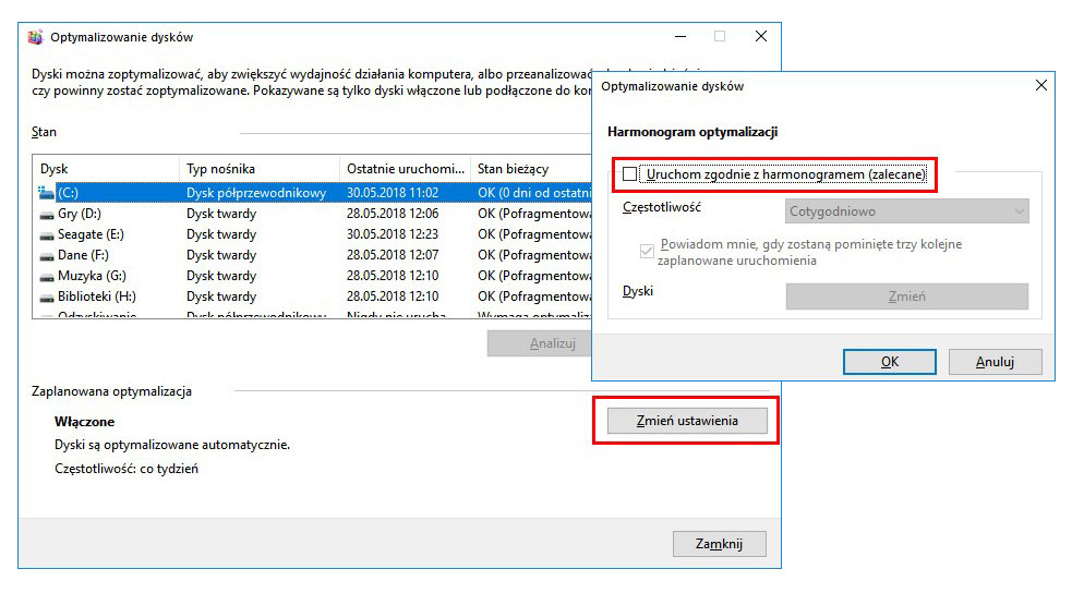 Wyłącz automatyczną optymalizację dysków w Windows 10