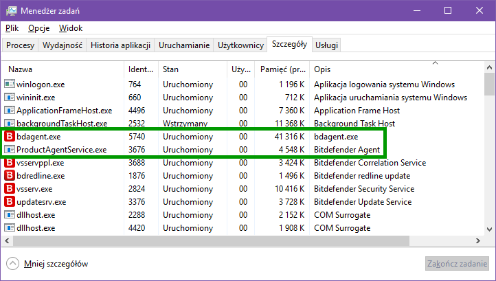 Bitdefender Agent w Menedżerze zadań