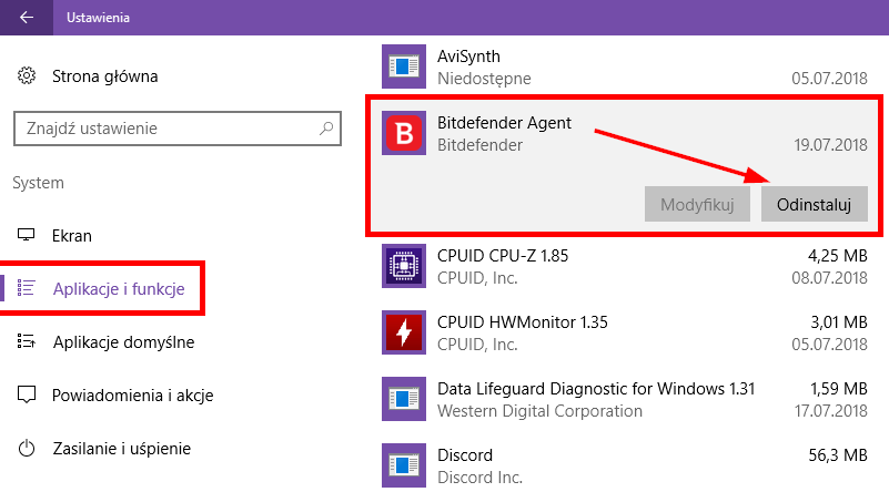 Usuń Bitdefender Agent w ustawieniach Windows 10