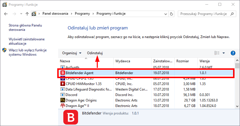 Usuń Bitdefender Agent za pomocą Panelu sterowania