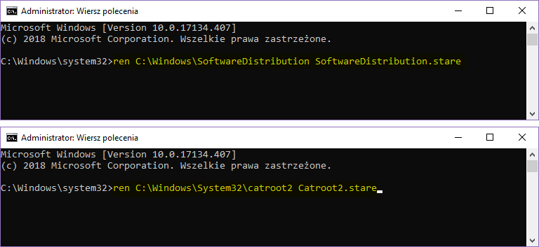 Zmień nazwy folderów SoftwareDistribution oraz Catroot2