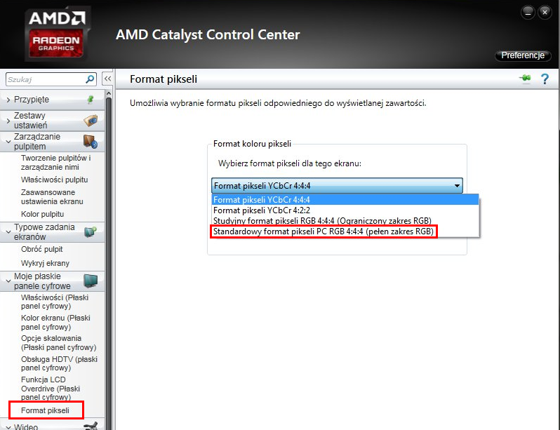 Zmień format pikseli na RGB w Catalyst Control Center