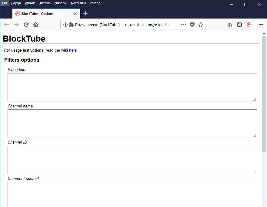 Interfejs dodatku BlockTube