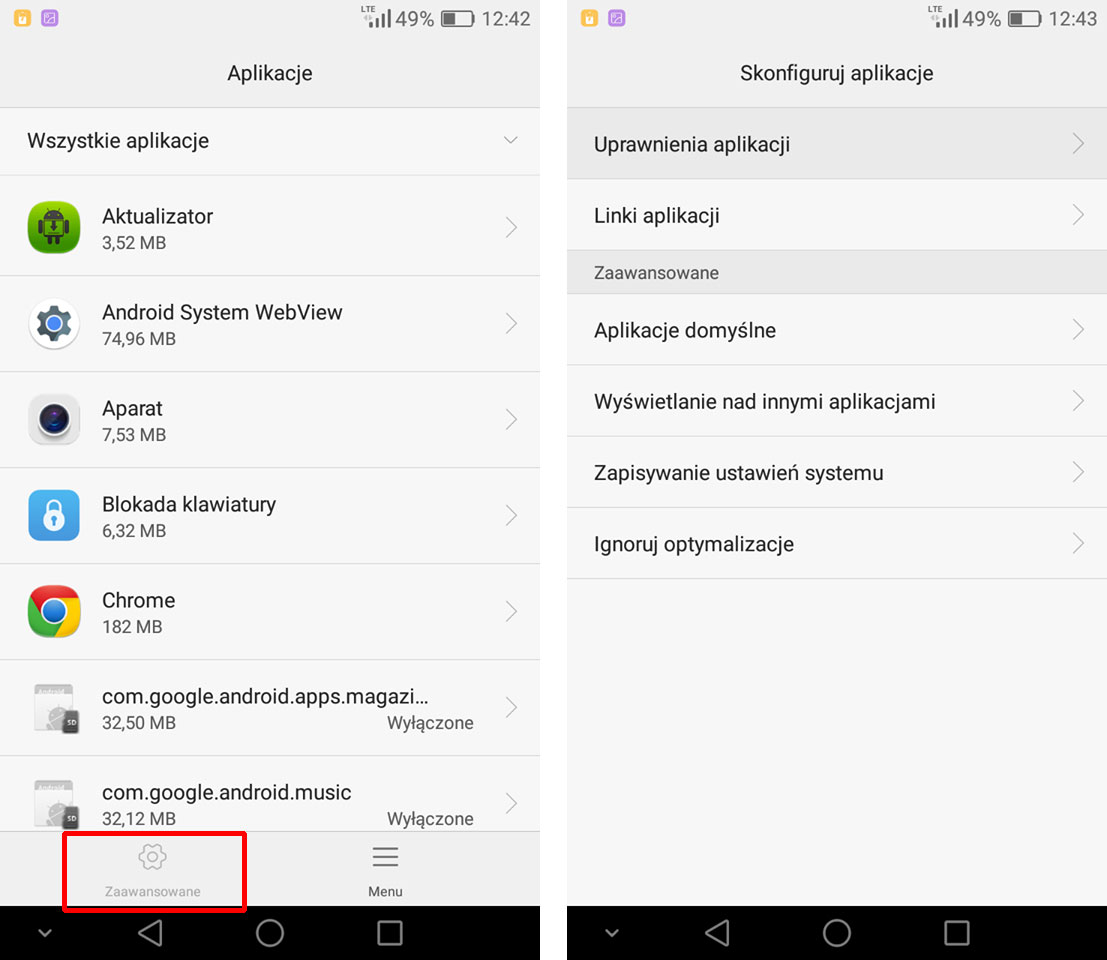 Ustawienia zaawansowane aplikacji Androida