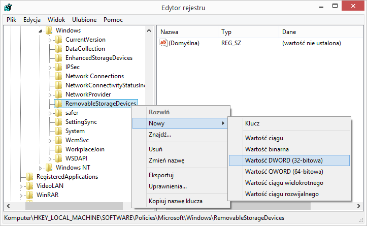 Utwórz nową wartość DWORD w kluczu RemovableStorageDevices