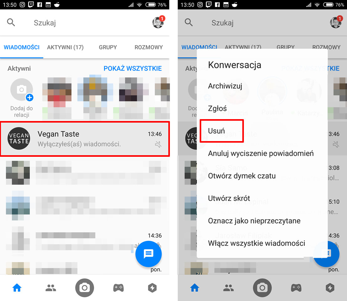 Usuwanie rozmowy z botem w Messengerze