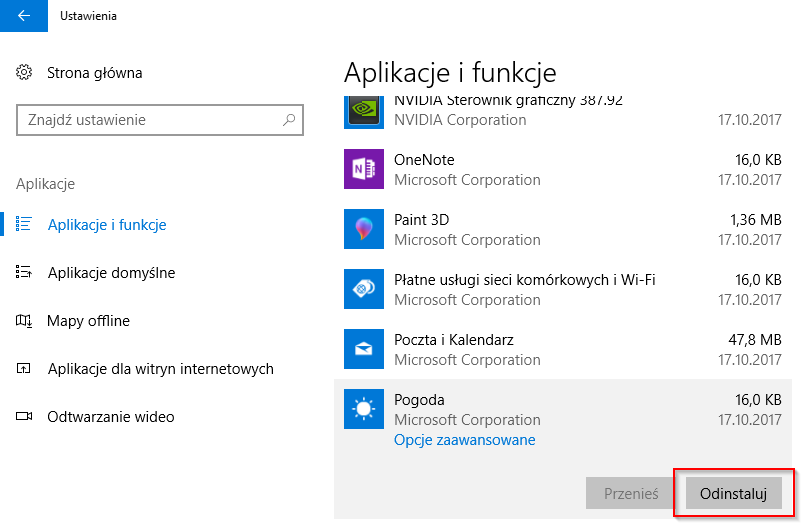Odinstaluj aplikacje i zainstaluj je ponownie ze Sklepu