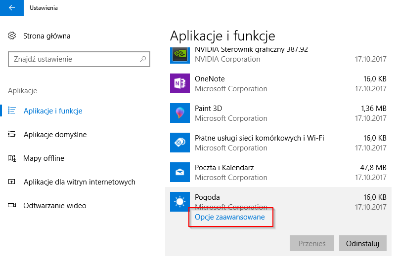 Przejdź do zaawansowanych opcji aplikacji w Windows 10