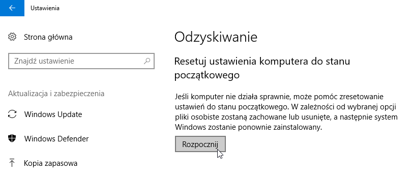 Resetuj system do ustawień domyślnych