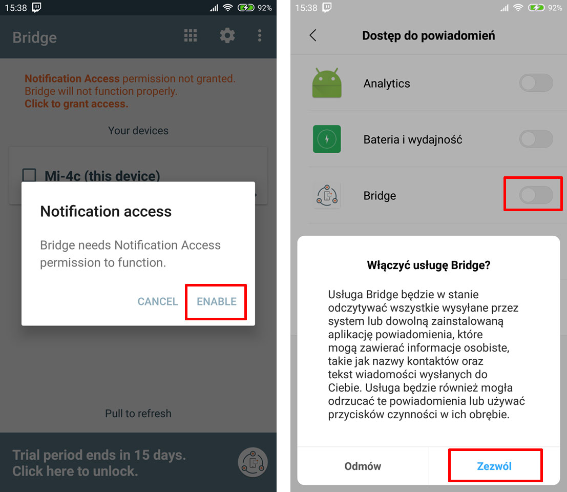 Nadaj aplikacji Bridge dostęp do powiadomień