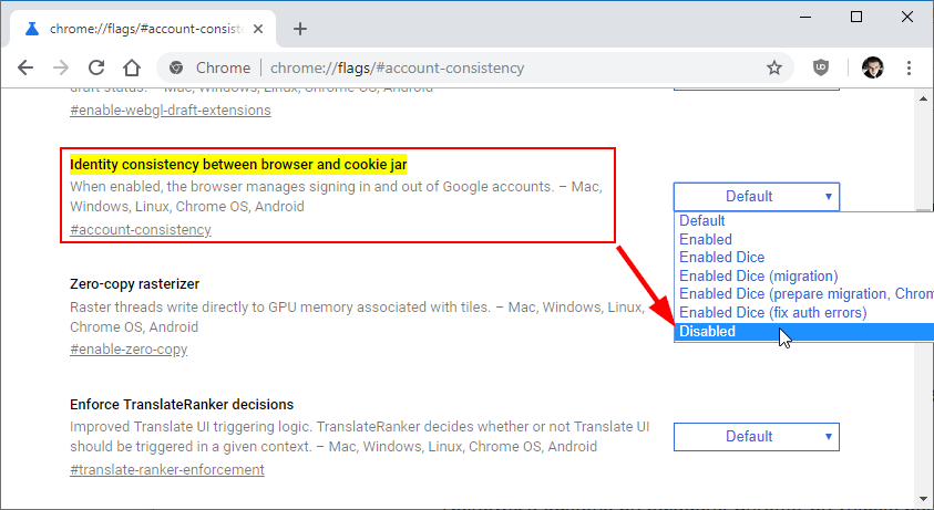 Chrome - wyłącz opcję Identity consistency between browser and cookie jar