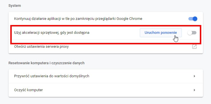 Wyłącz akcelerację sprzętową w Chrome