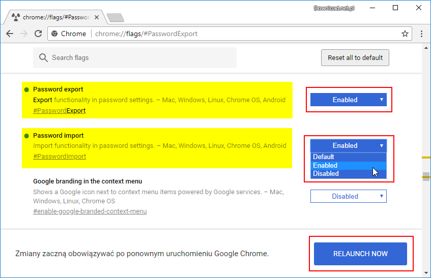 Włącz opcje importu i eksportu haseł w Chrome