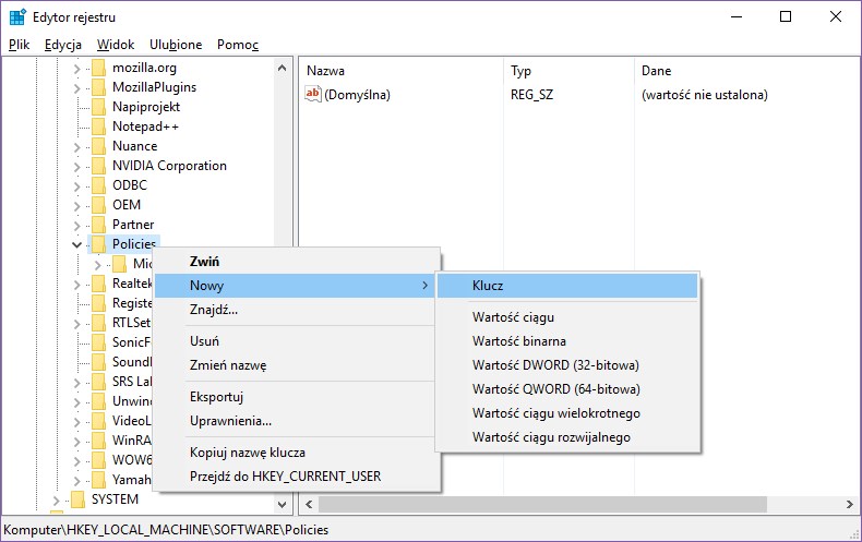 Stwórz nowy klucz w  Edytorze rejestru