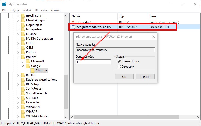 Ustaw wartość 1 dla wpisu IncognitoModeAvailability